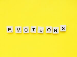 Emotions scrabble letters word on a yellow background