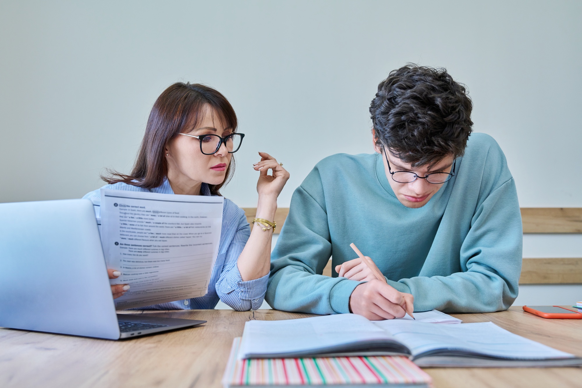 Young teenage male studying languages with teacher in classroom